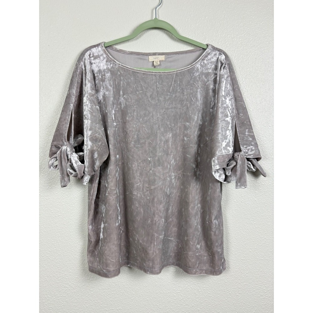 Cupio Blush Top XL Silver Gray Velvet Split Sleeve Tie Cuff Holiday Boho Soft